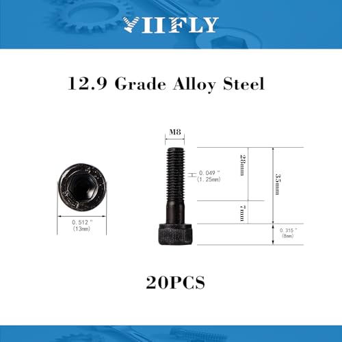 M8-1.25 x 35mm Socket Head Cap Screws, M8 Bolts, 12.9 Grade Alloy Steel, Allen Socket Drive, Black Oxide Finish, Full Thread, Quantity 20 - size: M8 x 35mm(20PCS)