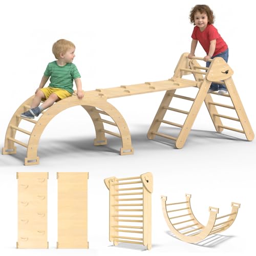 Large Pikler Triangle Set, 7-in-1 Toddler Climbing Toys Indoor, Wooden Montessori Climbing Set with Arch Ramp Ladder, Foldable Baby Jungle Gym Playground (Wood) - color: Wood