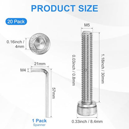 M METERXITY 20-Pack M5 x 30mm Socket Head Cap Screws, 304 Stainless Steel Hex Machine Bolts, Allen Socket Drive Screw with Hex Wrench for Repair/DIY, Fully Threaded Fasteners Kit [Silver] - size: M5 x 30mm