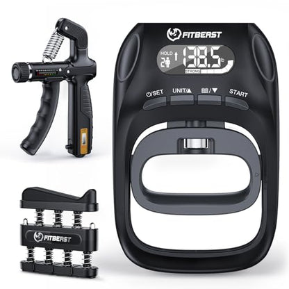 FitBeast Grip Strength Trainer Kit, Digital Grip Strength Tester with Adjustable Hand Gripper Strengthener & Finger Exerciser, Track Progress for Fitness, Rehab & Strength Building (Advanced 3-in-1 Kit)