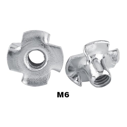 FLEXMAN Four Pronged T Nuts, Zinc Plated Carbon Steel Tee Nut 4 Claw Nut Assortment Kit for Rock Climbing Holds, Furniture, Cabinetry, Woodworking, Silver (M6 (50 Pieces/Package)) - size: M6 (50 pieces/package)