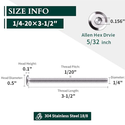 1/4-20 x 3-1/2" Hex Socket Head Cap Screws, 304 Stainless Steel 18-8, Chamfered Countersunk Machine Screws for Furniture, Binding, Machinery, Automotive, DIY Projects, 25 PCS - size: 1/4-20 x 3-1/2"