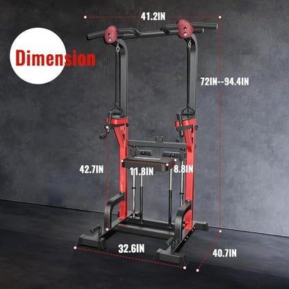 Pooboo Power Tower Dip Station Pull Up Bar for Fitness Home Gym Workout,450 Pounds Multi-Function Adjustable Height Fitness Strength Training Exercise Equipment,with Power Elastic Ropes - color: Black11