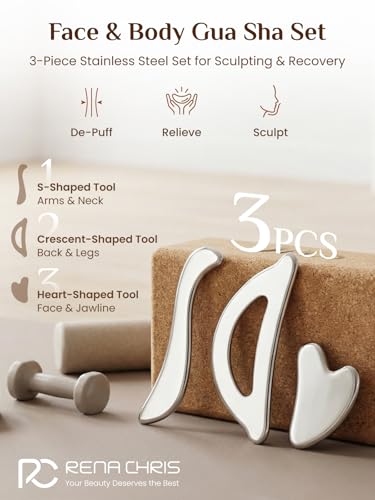Rena Chris Gua Sha & Muscle Scraper Tool, Stainless Steel Body & Face Gua Sha Set for Deep Tissue Massage & Lymphatic Drainage, Guide & Travel Pouch Included (3-Piece Kit)