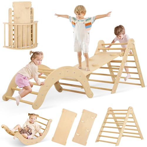 Belleur 7-in-1 Climbing Toys for Toddlers 1-3 Years Old, Foldable Wooden Pikler Triangle Set Indoor, Montessori Climbing Set with Arch, Ramp & Ladder - Natural - color: Natural