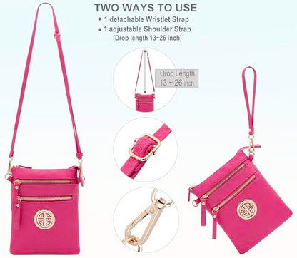 Solene Small Multi Zipper Pockets Crossbody Bag with Detachable Wristlet - color: Fuchsia