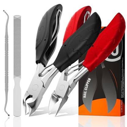 Toenail Clippers for Seniors Thick Toenails | 4-PCS Ergonomic Long Handle Non-Slip Soft grip Toe Nail Clippers Set for thick toenails | Premium Steel Heavy Duty Super Sharp Fingernail Clippers for Men - style: Black+Red set