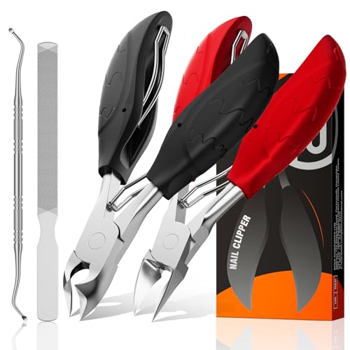 Toenail Clippers for Seniors Thick Toenails | 4-PCS Ergonomic Long Handle Non-Slip Soft grip Toe Nail Clippers Set for thick toenails | Premium Steel Heavy Duty Super Sharp Fingernail Clippers for Men - style: Black+Red set