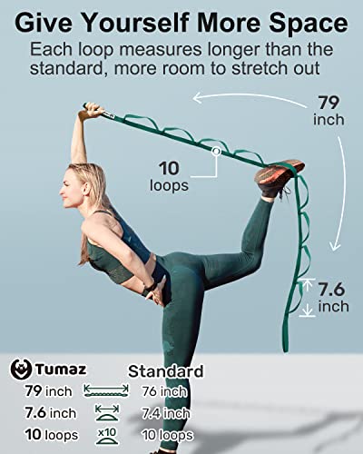 Tumaz Stretching Strap, 10-Loop Non-Elastic Yoga Strap | Designed for stretching, yoga, Pilates and rehab with 10 loops, durable webbing and a longer 79-inch design - color: Green Lite, size: Budget-Essential