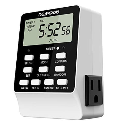 Outlet Timer, NEARPOW Dual Digital Light Timer with 2 Independently-controlled Outlets, 18 ON/OFF Programs, 24-Hour and 7-Day Programmable,Indoor Heavy Duty Electrical Timer Switch, 3 Prong, 15A/1800W | 18 ON/OFF Programs, 24-Hour Weekly Heavy Duty 15A/18