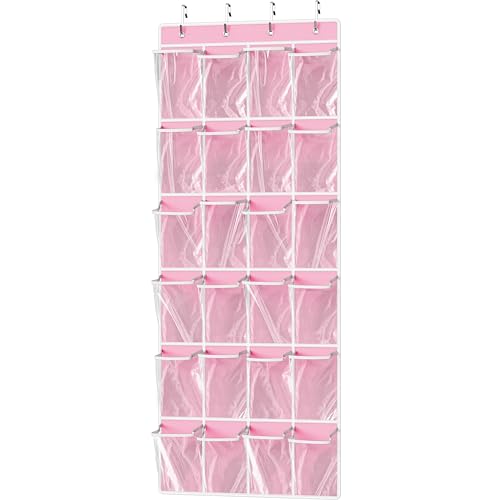 Simple Houseware 24 Pockets Large Clear Over the Door Shoe Organizer, Pink | 56" x 22.5", 4 Durable Metal Hooks, 5" x 9" Pocket Size, Multipurpose - color: Pink, size: Extra Large Pockets