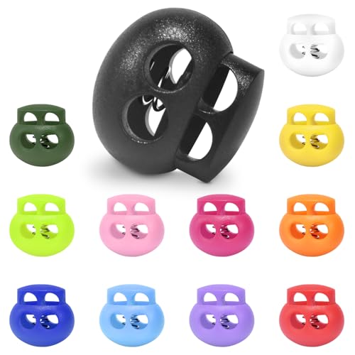 LongSLong 12 Pack Plastic Spring Cord Lock Toggle Stopper for Drawstring, Paracord Cord Stop Elastic Shoelace Lock Shoe Lace No Tie Fastener Slider Clip Double Hole Assorted Color - color: Assorted Colors 12pcs