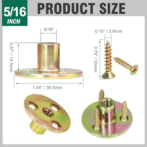 FoDau770 5/16"-18 Brad Hole T-Nut with Screws, Zinc Plated Carbon Steel 3-Hole T-Nuts, Insert Female Thread Mounting Fastener for Wood Furniture and DIY Project - 16 Set (64 Pieces) - size: 5/16"-18