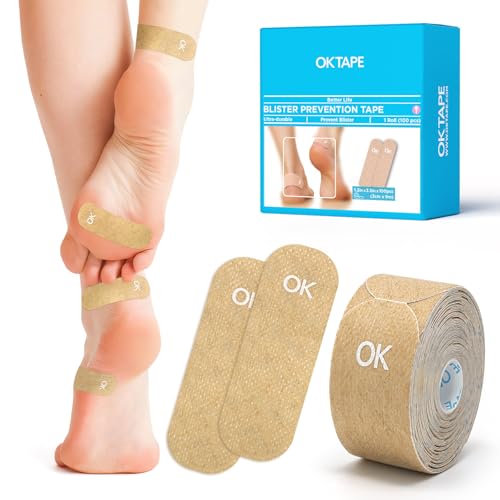 OK TAPE Blister Prevention Tape, 100 Pcs, Moleskin for Blisters, No-Residue Blister Bandages for Feet & Body, Heel Patches, 1.2in X 3.5in Precut Strips - Beige - color: Beige-100p