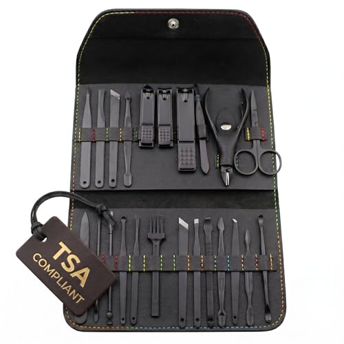 Earth & I Manicure Kit for Men: TSA Compliant Nail Clipper Grooming Set | Precision forged surgical stainless steel grooming tools. TSA-compliant satin black travel vault & premium gift box for men.