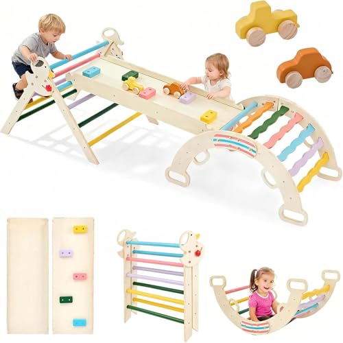 DUMOS 9-in-1 Pikler Triangle Set for Toddlers, Foldable Montessori Climbing Toys Indoor, Wooden Jungle Gym with Arch Rocker, Reversible Ramp, Ladder, Toy Cars and Blocks, Multicolored - color: Multicolored