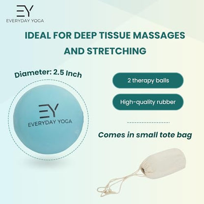 Everyday Yoga Massage Therapy Ball Set 2.5 Inch - Yoga Gear for Deep Tissue Massage, Muscle Recovery & Stress Relief, Rubber Balls with Tote Bag - Aqua