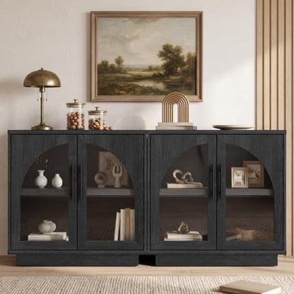 Fatmok Arched Glass Sideboard Buffet Accent Cabinet, 31.5" Display Credenza with Adjustable Shelf,1-Piece Modular Coffee Station Storage for Kitchen Living Room Bedroom, Black Grey - color: D-black Grey