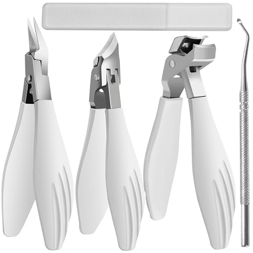 Nail Clippers for Thick Fingernails, Slant Straight Blade Toe Nail Clippers for Thick Toenails, Angled Head Large Toenail Clippers Set for Men Women Seniors, Wide Jaw Long Handle Nail Cutter - 5 Pack - color: White