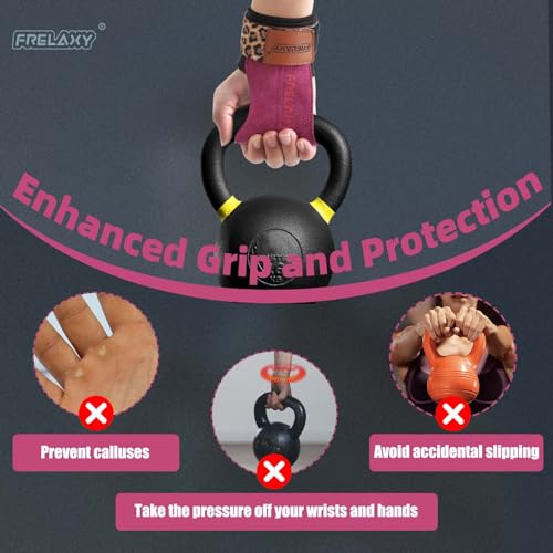 Frelaxy Lifting Wrist Straps for Women and Men, Weight Lifting Grips | Double-layer leather, Cushioned wrist support, Durable construction, Storage pouch, Deadlifts, rows, lat pulldowns - color: Purple/Leopard