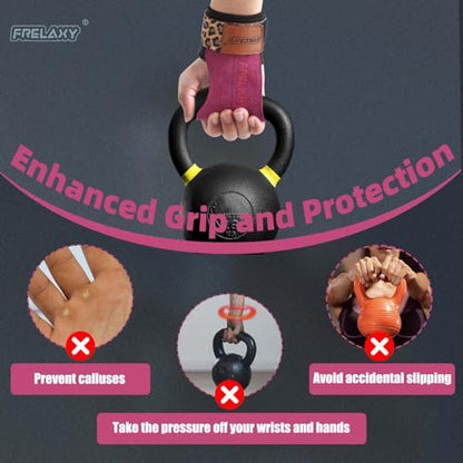 Frelaxy Lifting Wrist Straps for Women and Men, Weight Lifting Grips | Double-layer leather, Cushioned wrist support, Durable construction, Storage pouch, Deadlifts, rows, lat pulldowns - color: Purple/Leopard