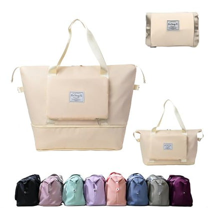 Large Capacity Foldable Travel Bag, Expandable lightweight Carry on Bag, Dry with Wet Separation Spor Duffel Bags (off white) - color: off white