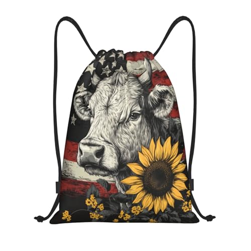 Drawstring Sports Backpacks - Lightweight Swim Gym Bags for Women Men String Sackpack for Beach Travel Yoga(Small, Cow Sunflower Flag) - color: Cow Sunflower Flag, size: Small