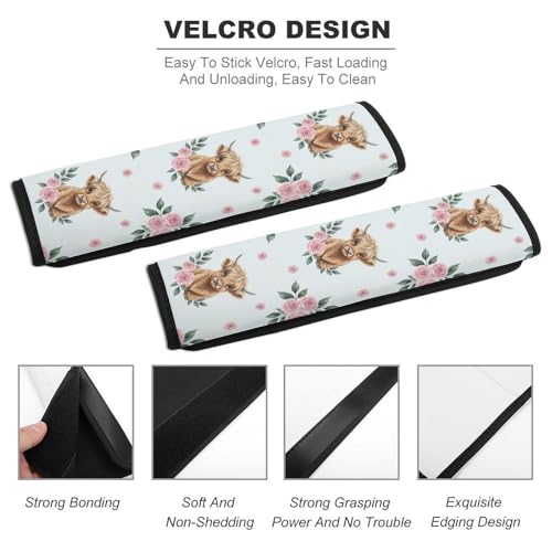2PCS Western Animal Pink Rose Highland Cow Bull Cattle Seat Belt Cover Breathable Automotive Seat Belt Protector for Adult Use, Most Cars, Pressure Relief - color: Pattern 1139