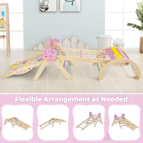 Costzon Pikler Triangle Set, 9-in-1 Foldable Baby Climbing Toys, Wood Montessori Climbing Set for Learning and Motor Skills, Indoor Playground Jungle Gym for Toddlers 3+ Climber Gifts (Pink) - style: 9 in 1 Arch Climber Ladder, Pink