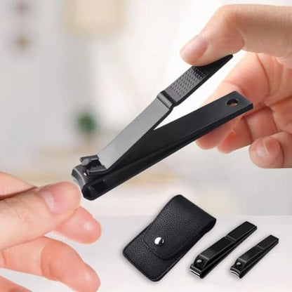 2-Pack Black Stainless Steel Nail Clippers Set, Large & Small Fingernail Clippers with Leather Case for Precision Manicure, Travel & Home Use