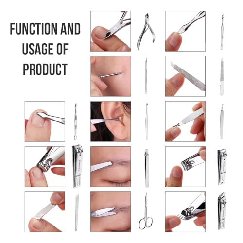 FAMILIFE Manicure Set, Nail Professional Kit Manicure Kits Nail Clipper Sets, 13PCS Stainless Steel Pedicure Sets Mens Grooming Tool, with Brown Leather Travel Case for Men - color: Bright Silver