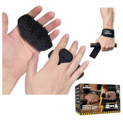 Workout Grips & Wrist Straps Set - Anti-Slip Silicone Hand Grips + Lifting Straps for Gym, Weightlifting, Pull-Ups, Deadlifts - Gloves Alternative (2 Grips + 2 Straps + Carry Case)