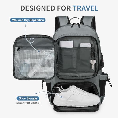 Travel Backpack 35L TSA Approved Carry on Backpack with Shoe Compartment & Wet/Dry Separation, Laptop Bag Fits 18.4 Inch Computer, Water Resistant Backpack for Men Women, Grey - color: Standard Grey