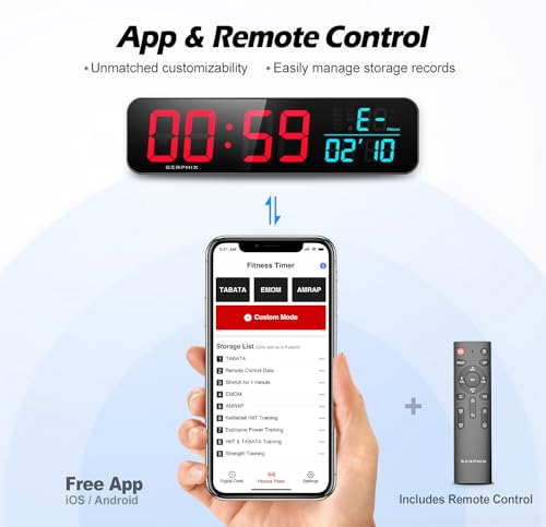 15.2" Gym Timer, App & Remote Control, Customizable LED Colors, Temperature, Date, Workout Interval Timer Stopwatch Countdown Large Digital Wall Clock for Home Gym Garage