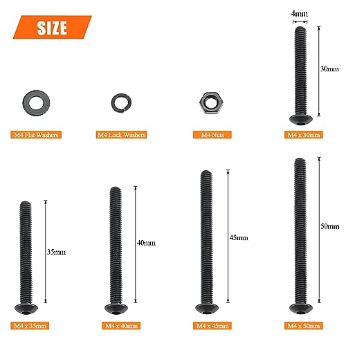 HELIFOUNER 200 Pieces M4 x 30mm /35mm /40mm /45mm /50mm, Button Head Socket Cap Metric Screws Bolts Washers Nuts Kit, 10.9 Grade Alloy Steel, Fully Threaded, Black - size: M4 x 30/35/40/45/50mm, style: Button Head