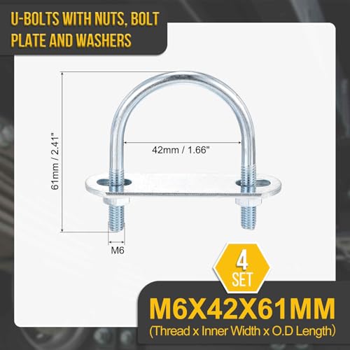 DTGN M6x42x61mm U Bolts Round Kit - 4Set - Carbon Steel U-Bolt Kit with Nuts, Washers, Frame Plate - Good for Pipe, Trailer, Automotive, Leaf Spring Fastener - size: M6x42x61mm