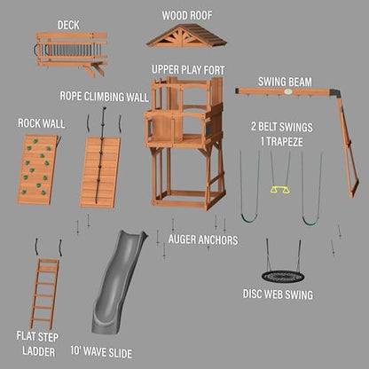 Backyard Discovery Sterling Point Cedar Wood Swing Set with Wave Slide, Raised Clubhouse, Wooden Bridge, Rock Wall, Belt Swings, Web Swing, Trapeze, Balcony, Climbing Wall, Ladder, Outdoor Playset - color: Grey Slide, style: Cedar