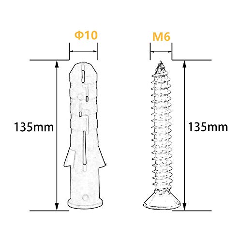 10 Set Screw and Anchors Set M6x135 Screw with 10x135 Plastic Expander Anchor Screw Hole Fillers and Screw Galvanized Plated for Drywall Hollow Wall Concrete Ceiling Tile Wood (Φ10-135mm,10set,M6x135) - size: Φ10-135mm