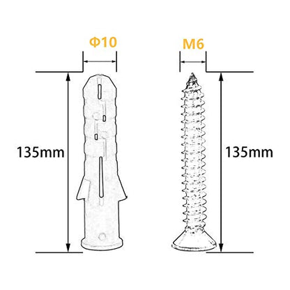 10 Set Screw and Anchors Set M6x135 Screw with 10x135 Plastic Expander Anchor Screw Hole Fillers and Screw Galvanized Plated for Drywall Hollow Wall Concrete Ceiling Tile Wood (Φ10-135mm,10set,M6x135) - size: Φ10-135mm