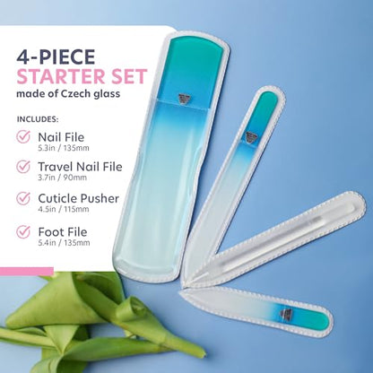 Bona Fide Beauty Czech Glass Gift Set: Foot File, Nail File, Cuticle Pusher | Aqua color set: genuine Bohemian crystal glass set includes protective cases and sleeves. Reusable and easy to clean. - color: Blue