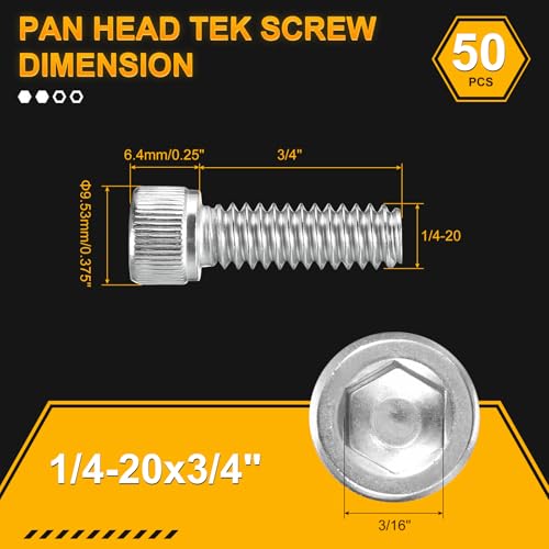 DTGN 1/4"-20x3/4 Socket Head Cap Screws Bolts - 50Pack - Good for Road Bicycle, Mountain Bike, Auto, Motorcycle - 304 Stainless Steel Hex Head Metric Screws - Silver - size: 1/4"-20x3/4"