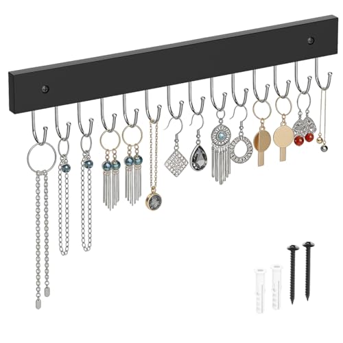Necklace Holder Wall Mounted Jewelry Organizer Wooden, White, 1Pack 14Hooks | Space-saving jewelry storage rack, holds necklaces, earrings, rings and bracelets, decorative hanging display for bedroom - color: Black, size: 1Pack