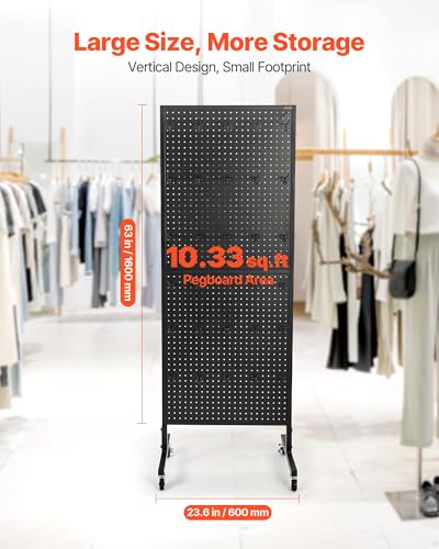 VEVOR Standing Pegboard Display, 23.6 x 63 in Pegboard Display Stand with Swivel Casters and 30 Hooks, Thickened Cold-Rolled Steel Peg Board Panel for Grocery, Retail Store and Jewelry Shop, Black - style: Standard Style