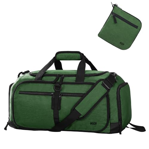 MIER Foldable Duffle Bag with Shoe Compartment 50L Travel Duffel Bags for Men Women Packable Overnight Bag for Camping Gym Weekender, Dark Green - color: Dark Green, size: 50L