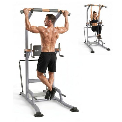 Multi-Function Power Tower Pull Up Bar Station with Pilates Resistance Bands, 450LBS Stable Pull Up Dip Station with Push Up Handles for Home Gym Strength Training Equipment - color: Stealth Grey - Beast Mode All-in-One