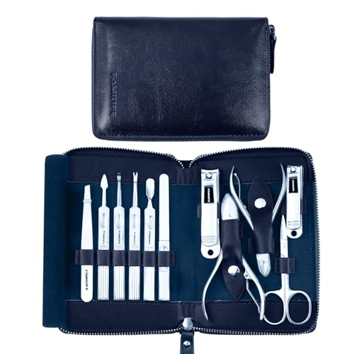 Manicure Kit, FAMILIFE Professional Manicure Set Nail Kit, 11 in 1 Stainless Steel Nail Clippers Set for Men Pedicure Tool, Men Grooming Tool with Portable Blue Leather Travel Case Luxury Gifts - color: Navy Blue
