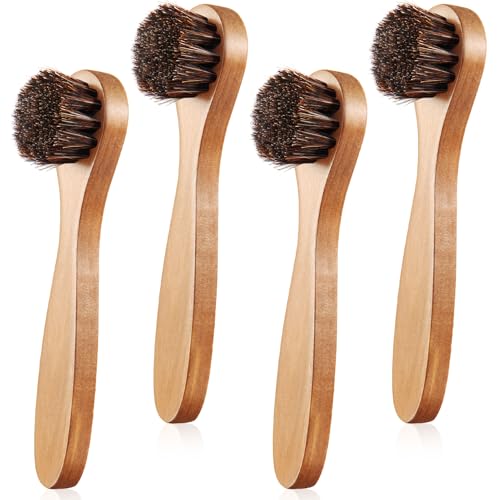 4 Pcs Horsehair Shine Shoes Brush Kit Polish Dauber Applicators Cleaning Leather Shoes Boots Care Brushes Suede Cleaner Brush with Microfiber Shoe Cloth(Wooden Handle A) - style: Wooden Handle A