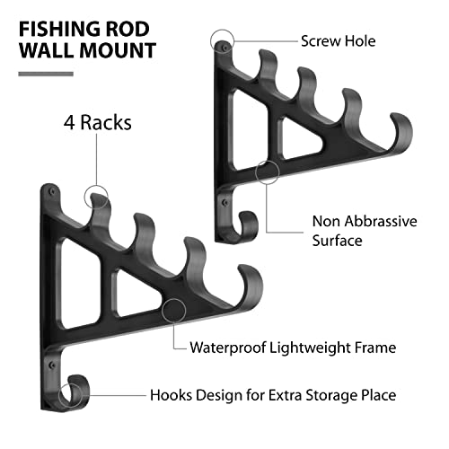 Horizontal Fishing Rod Rack Rod Holders for Wall Storage - Wall Mounted Fishing Rod Rack with Hook,Holds 4 Rods, Space Saving for Fishing Rods，Hiking Poles, Ski Poles, Hockey Sticks and Cue
