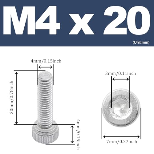 M4 x 20mm Hex Socket Head Cap Screws Bolts,6063 Aluminum Alloy Socket Head Cap Bolt Fasteners,Silver(20Pcs) - size: M4 x 20mm