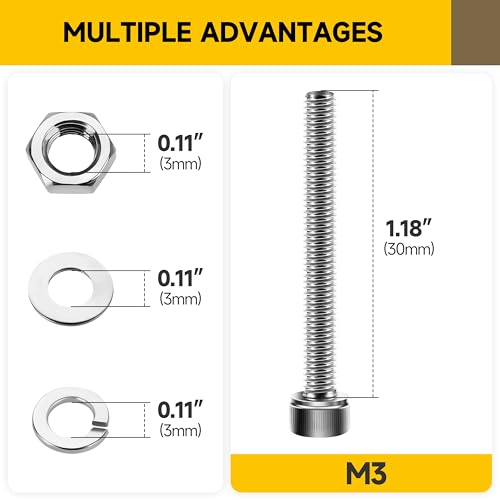 Mywish (100Sets) M3 Screw Kit, M3 x 30mm Socket Head Cap Screws Bolts, 304 Stainless Steel Allen Socket Hex Drive Bolts, Bright Finish M3 Screws with Nuts and Washers & Hex Spanner - size: M3 x 30mm